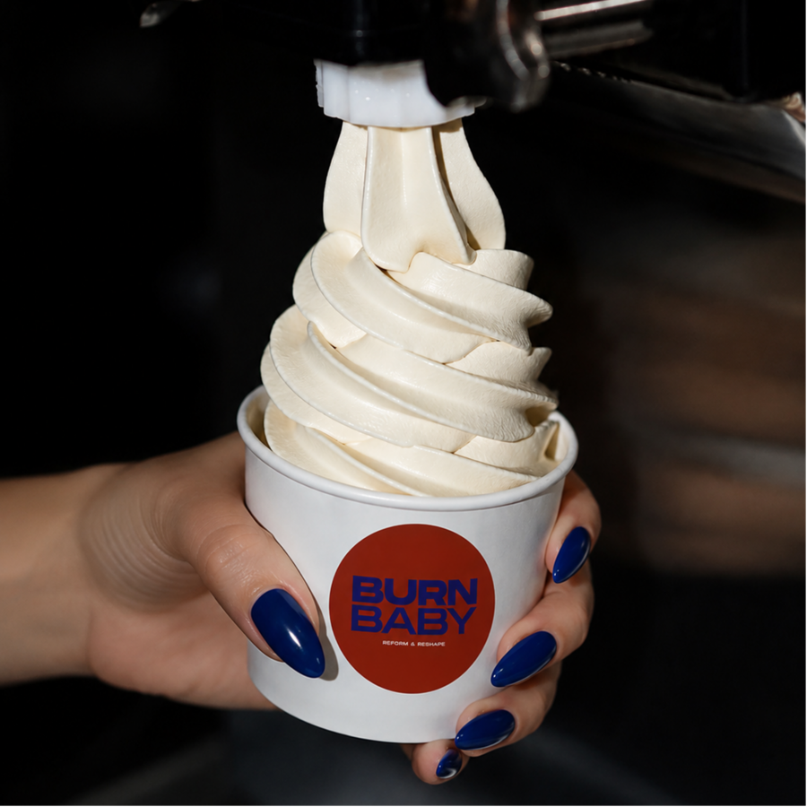 Soft serve ice cream swirl in a Burn Baby cup