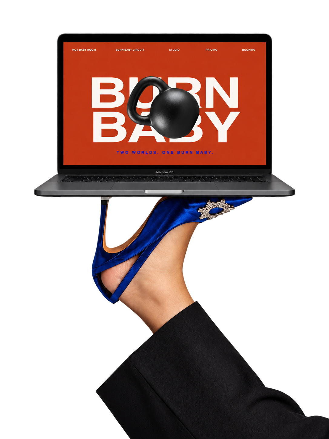 Laptop showing the Burn Baby homepage, balanced on a blue high heel